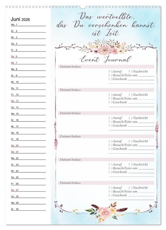 Produktbild: Geburtstagsplaner Boho Blau - F&uuml;r Termine, Geschenke, Eventdetails & mehr (Wandkalender 2026 DIN A2 hoch), CALVENDO Monatskalender