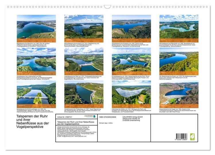 Produktbild: Talsperren der Ruhr und ihrer Nebenfl&uuml;sse aus der Vogelperspektive (Wandkalender 2027 DIN A2 quer), CALVENDO Monatskalender