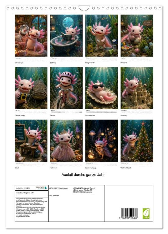 Produktbild: Axolotl durchs ganze Jahr (Wandkalender 2027 DIN A3 hoch), CALVENDO Monatskalender