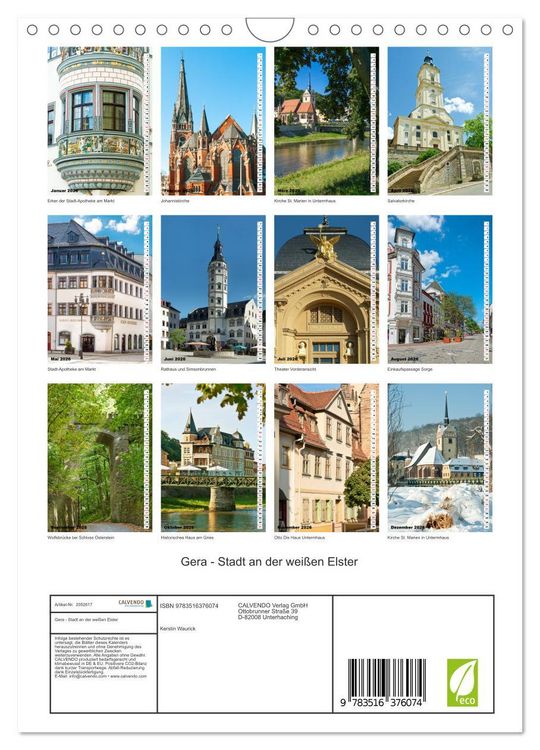 Produktbild: Gera - Stadt an der wei&szlig;en Elster (Wandkalender 2026 DIN A4 hoch), CALVENDO Monatskalender