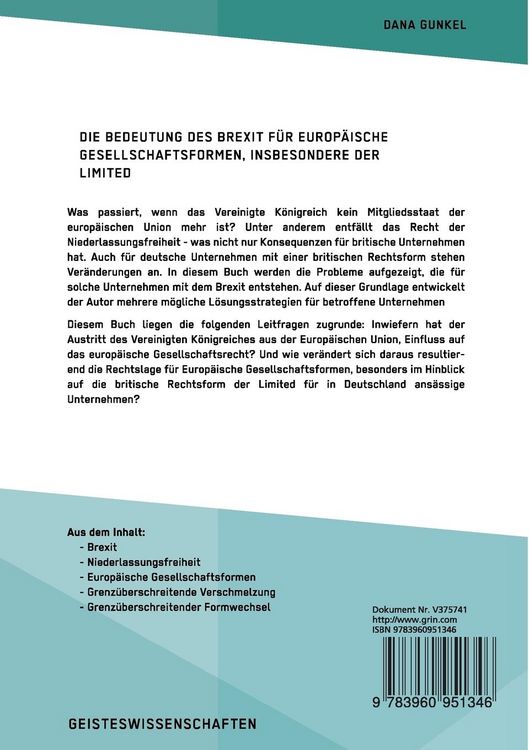 Produktbild: Die Bedeutung des Brexit f&uuml;r europ&auml;ische Gesellschaftsformen, insbesondere der Limited