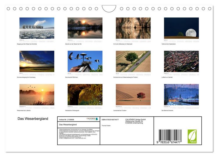 Produktbild: Das Weserbergland (Wandkalender 2026 DIN A4 quer), CALVENDO Monatskalender