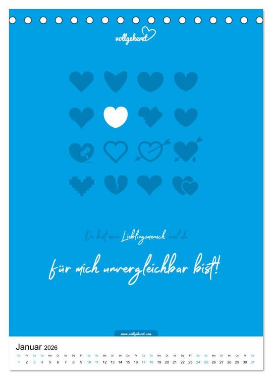 Produktbild: vollgeherzt: Lieblingsmensch-Kalender - Der Wandkalender als Geschenk f&uuml;r ganz besondere Menschen (Tischkalender 2026 DIN A5 hoch), CALVENDO Monatskalender