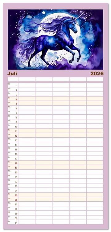 Produktbild: Familienplaner 2026 - Magische Einh&ouml;rner - Traumlandschaften unterm Regenbogen mit 5 Spalten (Wandkalender, 21 x 45 cm) CALVENDO