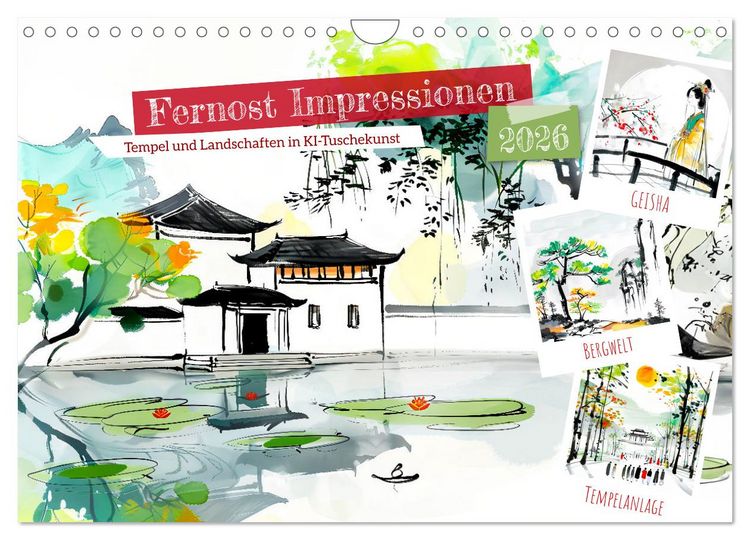 Produktbild: Fernost Impressionen - Tempel und Landschaften in KI-Tuschekunst (Wandkalender 2026 DIN A4 quer), CALVENDO Monatskalender