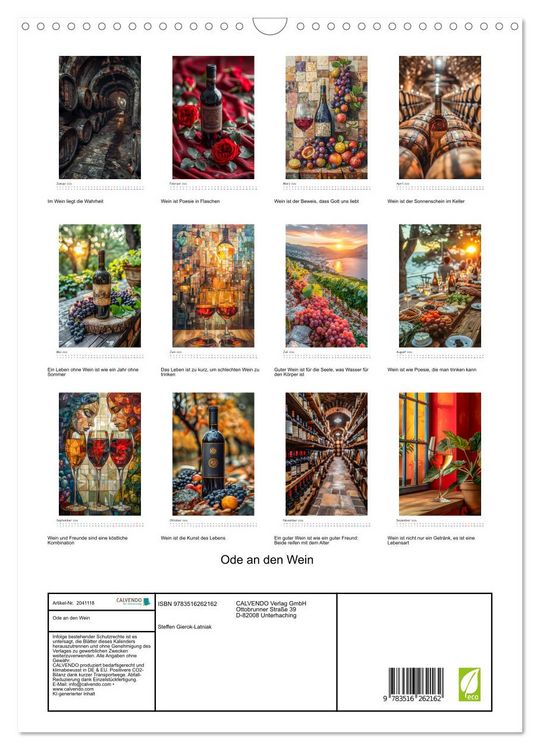 Produktbild: Ode an den Wein (Wandkalender 2026 DIN A3 hoch), CALVENDO Monatskalender