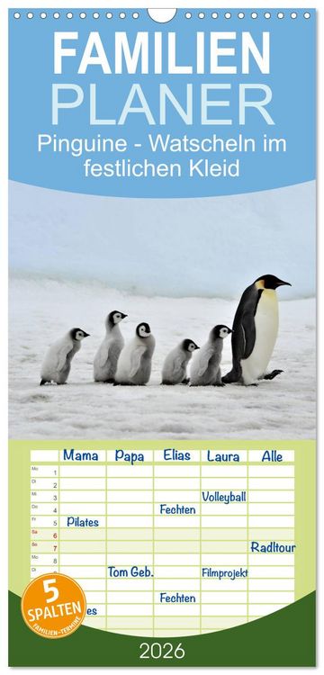 Produktbild: Familienplaner 2026 - Pinguine - Watscheln im festlichen Kleid mit 5 Spalten (Wandkalender, 21 x 45 cm) CALVENDO