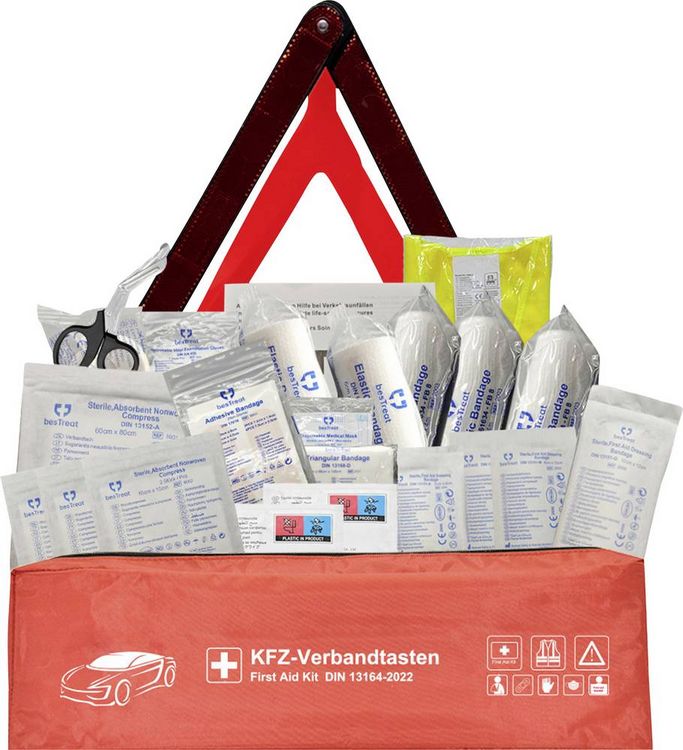Produktbild: besTreat 3 in 1 Car first aid kit Verbandtasche Inkl. Warndreieck Bus, Wohnmobile, Pkw, SUV (L x B x H) 130 x 440 x 60 mm EN 14683 DIN 13164 1 St.