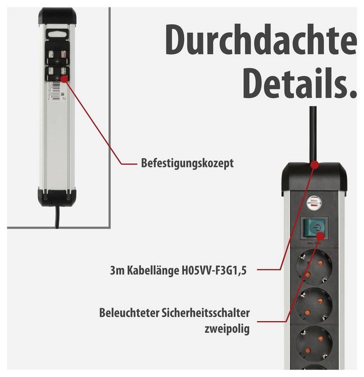 Produktbild: Brennenstuhl 1391030000 Steckdosenleiste mit Schalter Silber, Schwarz Schutzkontakt 1 St.