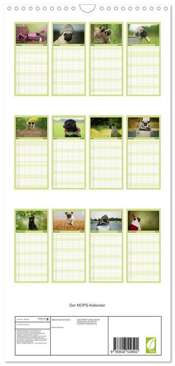 Produktbild: Familienplaner 2026 - Der MOPS-Kalender mit 5 Spalten (Wandkalender, 21 x 45 cm) CALVENDO