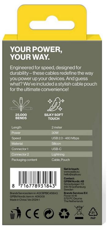 Produktbild: Aqiila Cablebird CS22 USB-C&reg; Kabel USB 2.0 Apple Lightning Stecker 2.00 m Wei&szlig; AQCBPBIC4SI843