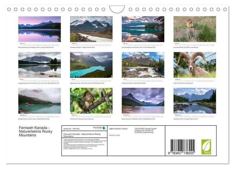 Produktbild: Fernweh Kanada - Naturerlebnis Rocky Mountains (Wandkalender 2026 DIN A4 quer), CALVENDO Monatskalender