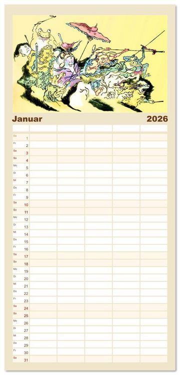 Produktbild: Familienplaner 2026 - Kawanabe Kyosai - Einhundert D&auml;monen mit 5 Spalten (Wandkalender, 21 x 45 cm) CALVENDO