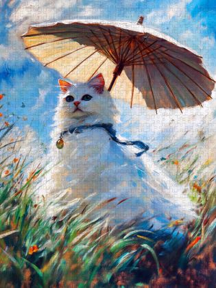 Produktbild: CALVENDO Puzzle Katze auf Wiese mit Sonnenschirm im impressionistischen Stil | 1000 Teile Lege-Gr&ouml;&szlig;e 64x48cm Foto-Puzzle f&uuml;r gl&uuml;ckliche Stunden