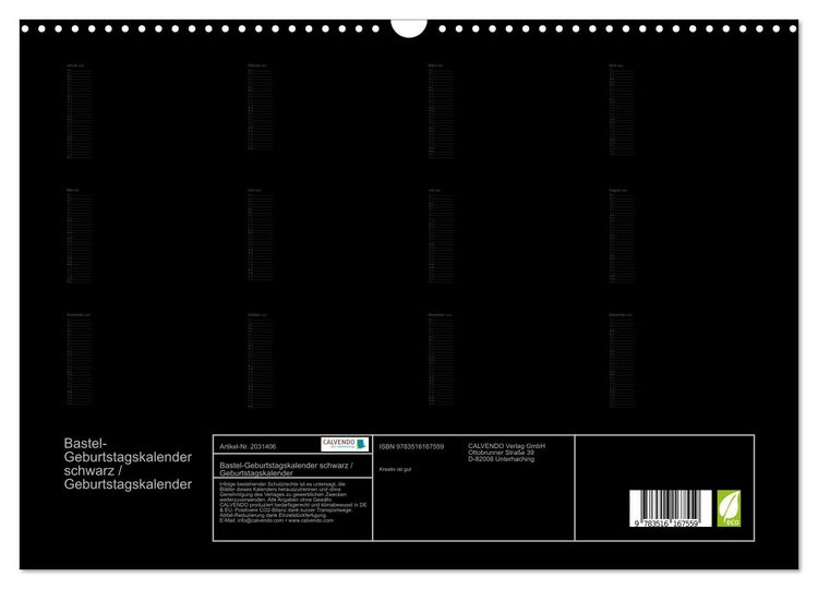 Produktbild: Bastel-Geburtstagskalender schwarz / Geburtstagskalender (Wandkalender 2026 DIN A3 quer), CALVENDO Monatskalender