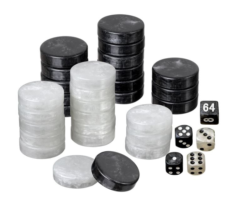 Produktbild: Spielsteine, Backgammon, gro&szlig;, 34 x 10 mm, Kunststoff, schwarz wei&szlig;, inkl. W&uuml;rfel