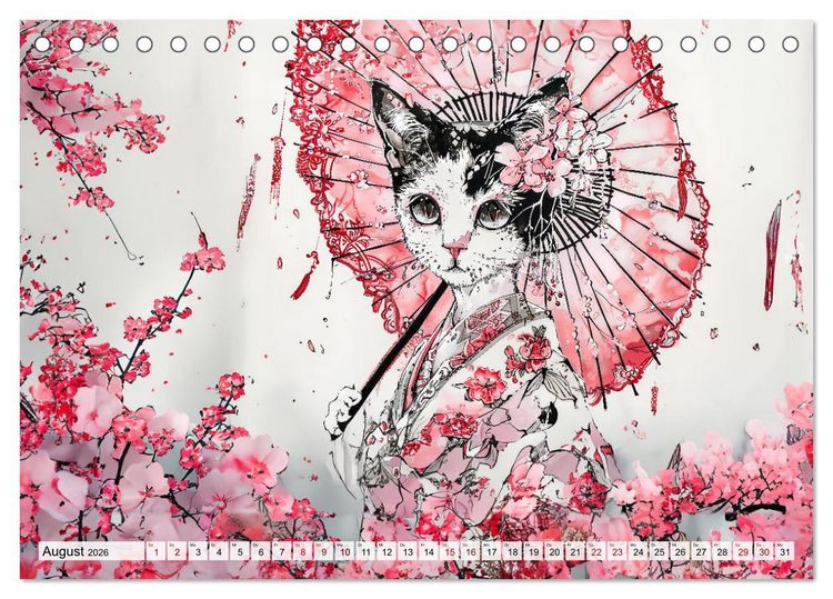 Produktbild: Geisha-Katzen - Mit Bl&uuml;ten, Schirm und Bambus im Japanstil (Tischkalender 2026 DIN A5 quer), CALVENDO Monatskalender