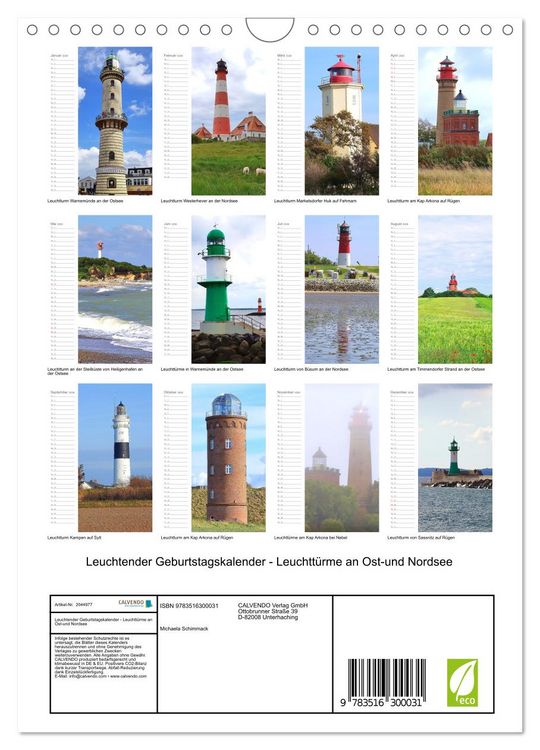 Produktbild: Leuchtender Geburtstagskalender - Leuchtt&uuml;rme an Ost-und Nordsee (Wandkalender 2026 DIN A4 hoch), CALVENDO Monatskalender