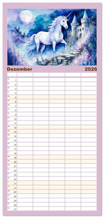 Produktbild: Familienplaner 2026 - Magische Einh&ouml;rner - Traumlandschaften unterm Regenbogen mit 5 Spalten (Wandkalender, 21 x 45 cm) CALVENDO