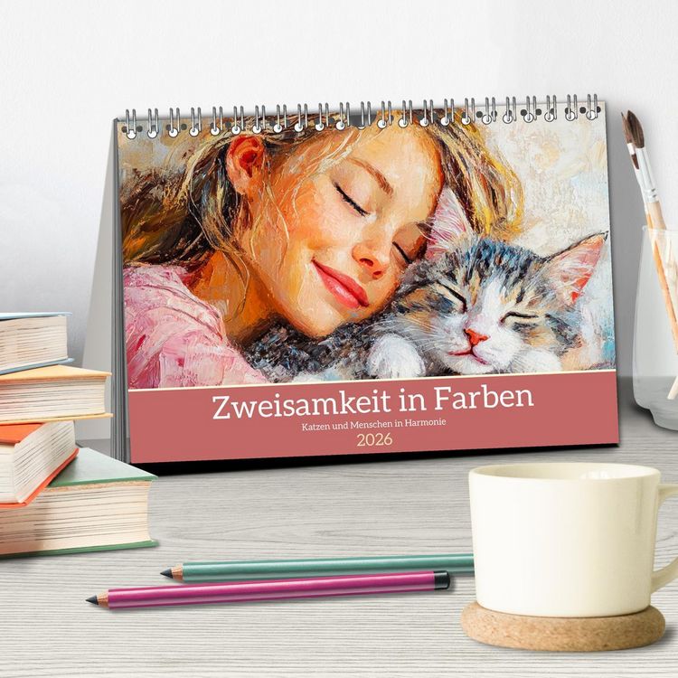 Produktbild: Zweisamkeit in Farben. Katzen und Menschen in Harmonie (Tischkalender 2026 DIN A5 quer), CALVENDO Monatskalender
