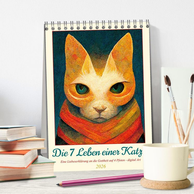 Produktbild: Die 7 Leben einer Katze (Tischkalender 2026 DIN A5 hoch), CALVENDO Monatskalender