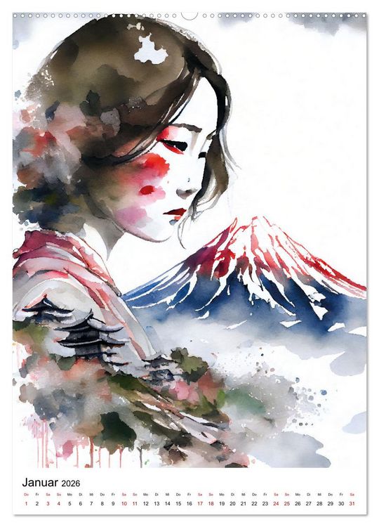 Produktbild: Geisha Aquarelle - Japanische Kulturdamen, Landschaft und Sakura (Wandkalender 2026 DIN A2 hoch), CALVENDO Monatskalender