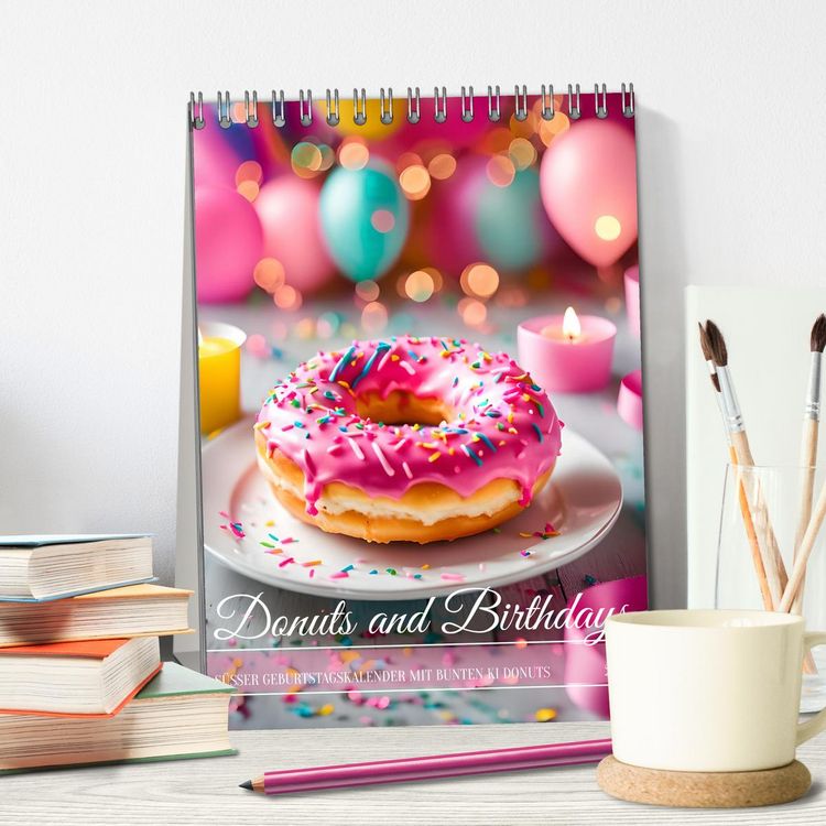 Produktbild: Donuts and Birthdays, s&uuml;&szlig;er Geburtstagskalender mit bunte KI Donuts (Tischkalender 2026 DIN A5 hoch), CALVENDO Monatskalender