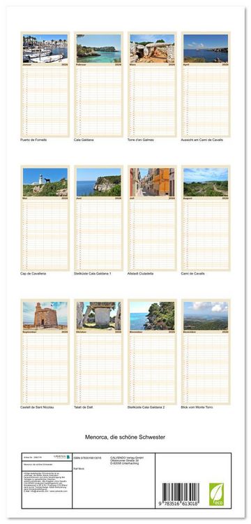 Produktbild: Familienplaner 2026 - Menorca, die sch&ouml;ne Schwester mit 5 Spalten (Wandkalender, 21 x 45 cm) CALVENDO