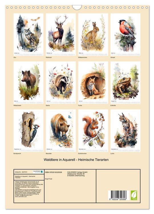 Produktbild: Waldtiere in Aquarell - Heimische Tierarten (Wandkalender 2026 DIN A3 hoch), CALVENDO Monatskalender