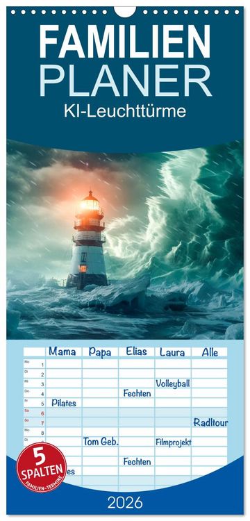 Produktbild: Familienplaner 2026 - KI-Leuchtt&uuml;rme mit 5 Spalten (Wandkalender, 21 x 45 cm) CALVENDO