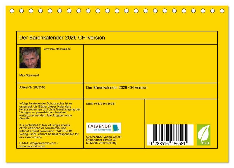 Produktbild: Der B&auml;renkalender 2026 CH-Version (Tischkalender 2026 DIN A5 quer), CALVENDO Monatskalender