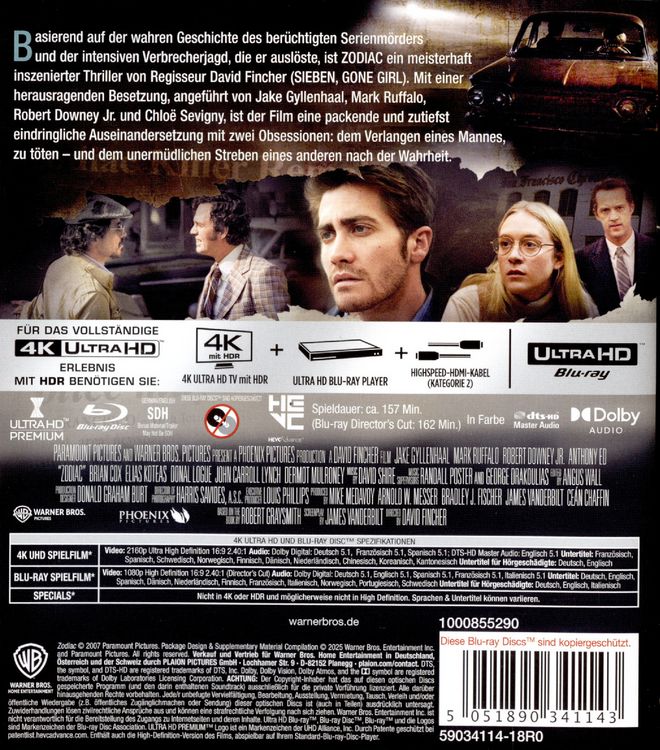 Produktbild: Zodiac &ndash; Die Spur des Killers (4K-UHD+Blu-ray)