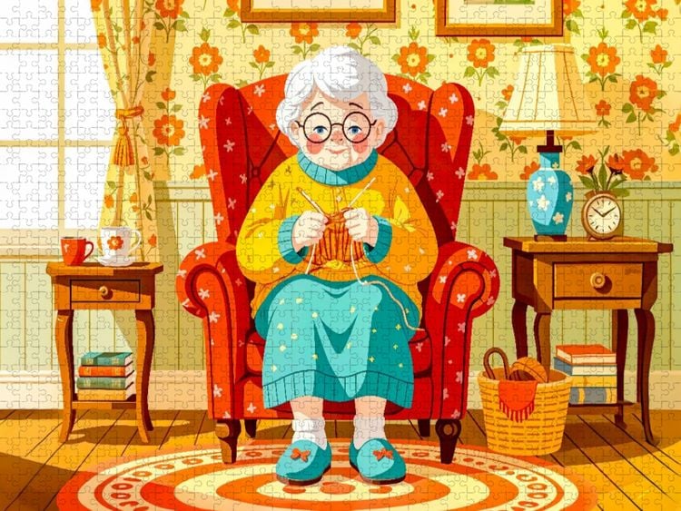 Produktbild: CALVENDO Puzzle Oma strickt zufrieden im bequemen Sessel zu Hause | 2000 Teile Lege-Gr&ouml;&szlig;e 90x67cm Foto-Puzzle f&uuml;r gl&uuml;ckliche Stunden
