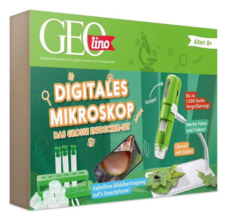 Produktbild: FRANZIS 67184 - GEOLINO Digitales Mikroskop, das gro&szlig;e Entdecker-Set mit Experimentierideen f&uuml;r drinnen und drau&szlig;en f&uuml;r Kinder ab 8 Jahren, inkl. 96-seitigem Begleitbuch