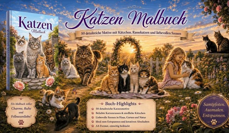 Produktbild: Katzen Malbuch f&uuml;r Kinder ab 8 Jahren und Erwachsene mit 50 detailreichen Ausmalmotiven