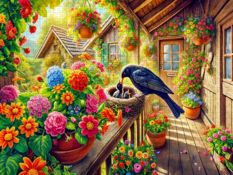 Produktbild: CALVENDO Puzzle Amsel f&uuml;ttert ihre Jungen im Nest auf der Veranda | 1000 Teile Lege-Gr&ouml;&szlig;e 64x48cm Foto-Puzzle f&uuml;r gl&uuml;ckliche Stunden
