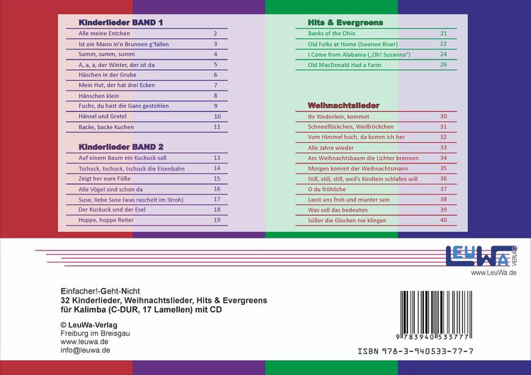 Produktbild: Einfacher!-Geht-Nicht: 32 Kinderlieder, Weihnachtslieder, Hits & Evergreens f&uuml;r Kalimba (C-DUR, 17 Lamellen) mit CD