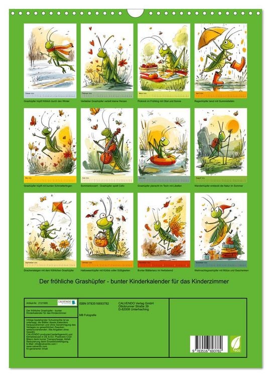 Produktbild: Der fr&ouml;hliche Grash&uuml;pfer - bunter Kinderkalender f&uuml;r das Kinderzimmer (Wandkalender 2026 DIN A3 hoch), CALVENDO Monatskalender