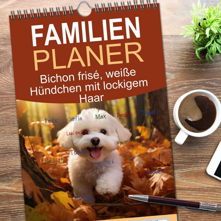 Produktbild: Familienplaner 2026 - Bichon fris&eacute;, wei&szlig;e H&uuml;ndchen mit lockigem Haar mit 5 Spalten (Wandkalender, 21 x 45 cm) CALVENDO