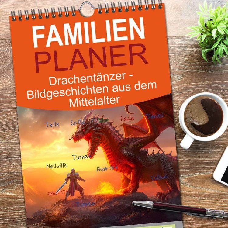 Produktbild: Familienplaner 2026 - Drachent&auml;nzer - Bildgeschichten aus dem Mittelalter mit 5 Spalten (Wandkalender, 21 x 45 cm) CALVENDO
