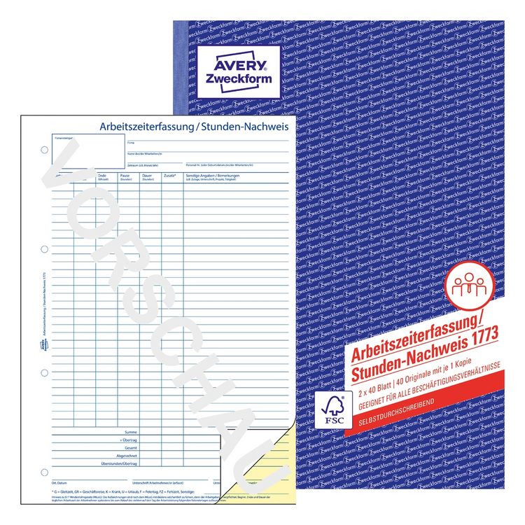 Produktbild: AVERY Zweckform Arbeitszeiterfassung Stundennachweis selbstdurchschreibend DIN A4 2x40 Blatt