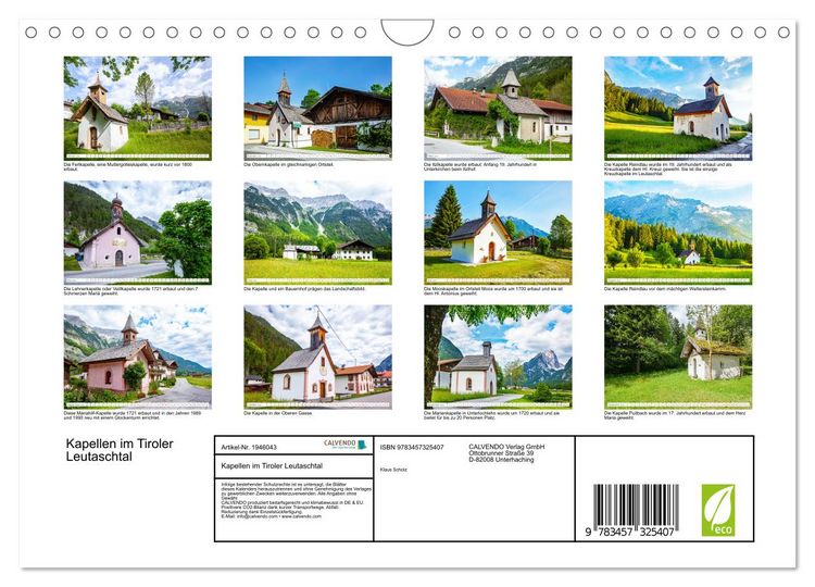 Produktbild: Kapellen im Tiroler Leutaschtal (Wandkalender 2026 DIN A4 quer), CALVENDO Monatskalender