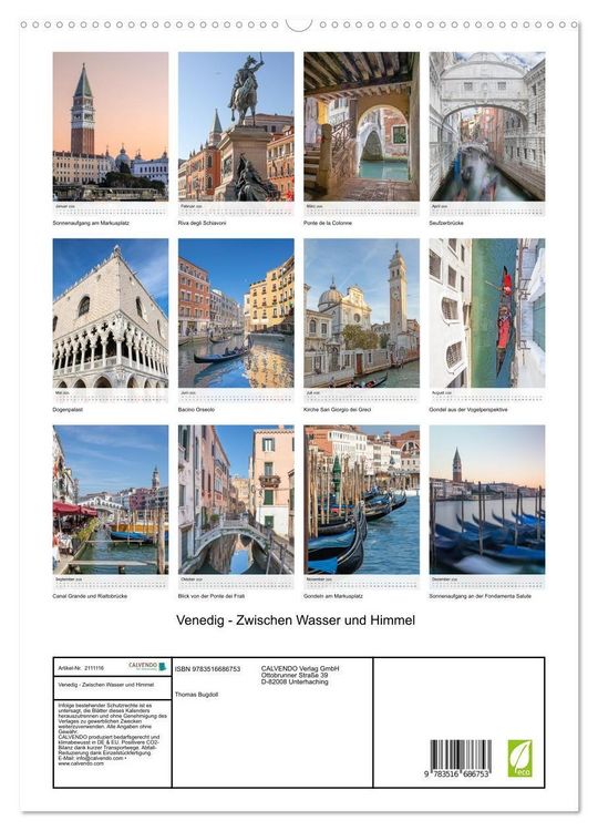 Produktbild: Venedig - Zwischen Wasser und Himmel (hochwertiger Premium Wandkalender 2026 DIN A2 hoch), Kunstdruck in Hochglanz
