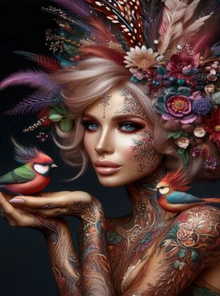 Produktbild: CALVENDO Puzzle Portrait einer Frau mit mauvefarbenen organischen Haarschmuck und Paradiesv&ouml;geln auf der Hand | 2000 Teile Lege-Gr&ouml;&szlig;e 90x67cm Foto-Puz