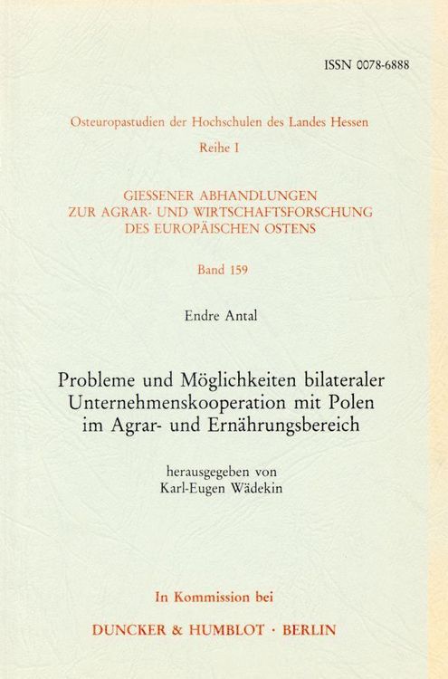 Produktbild: Probleme und M&ouml;glichkeiten bilateraler Unternehmenskooperation mit Polen im Agrar- und Ern&auml;hrungsbereich.