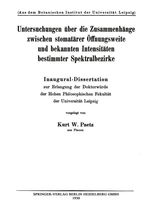 Produktbild: Untersuchungen &uuml;ber die Zusammenh&auml;nge zwischen stomat&auml;rer &Ouml;ffnungsweite und bekannten Intensit&auml;ten bestimmter Spektralbezirke