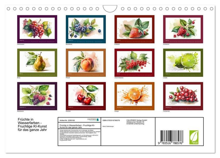 Produktbild: Fr&uuml;chte in Wasserfarben - Fruchtige KI-Kunst f&uuml;r das ganze Jahr (Wandkalender 2027 DIN A4 quer), CALVENDO Monatskalender