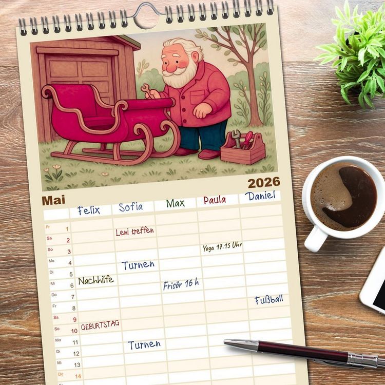 Produktbild: Familienplaner 2026 - Was macht der Weihnachtsmann? mit 5 Spalten (Wandkalender, 21 x 45 cm) CALVENDO