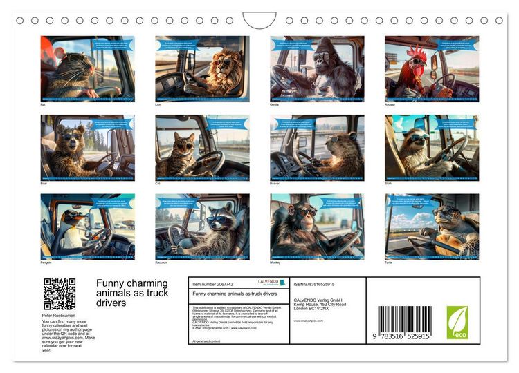 Produktbild: Funny charming animals as truck drivers (Wall Calendar 2026 DIN A4 landscape), CALVENDO 12 Month Wall Calendar