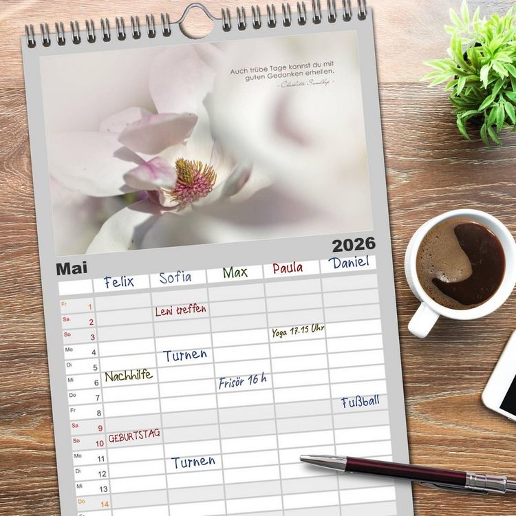 Produktbild: Familienplaner 2026 - Mit guten Gedanken durch das Jahr mit 5 Spalten (Wandkalender, 21 x 45 cm) CALVENDO